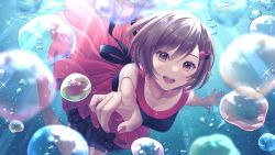 Rule 34 | 1girl, :d, brown eyes, brown hair, bubble, dress, foreshortening, kirita asami, looking at viewer, meiko (vocaloid), open mouth, pointing, pointing at viewer, short hair, sleeveless, smile, solo, underwater, vocaloid