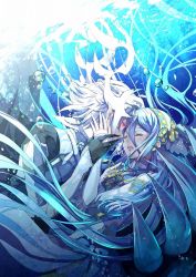 Rule 34 | 1boy, 1girl, armor, azura (fire emblem), bad id, bad pixiv id, black gloves, blue cape, blue hair, blush, bubble, cape, claws, closed eyes, corrin (fire emblem), corrin (male) (fire emblem), couple, dress, elbow gloves, eye contact, fire emblem, fire emblem fates, gloves, glowing, glowing eyes, hetero, holding, holding hands, horns, hug, jewelry, long hair, looking at another, maruo (mokurentenpu), nintendo, open mouth, pendant, pointy ears, red eyes, short hair, spiked hair, underwater, very long hair, water, white dress, white gloves, white hair, yellow eyes