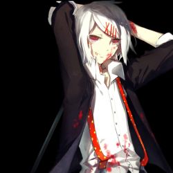 Rule 34 | 10s, 1boy, androgynous, arms behind head, bad id, bad pixiv id, black background, blood, blood on face, hair ornament, hairclip, male focus, necktie, onimi, red eyes, short hair, short sleeves, smile, solo, stitches, suspenders, suzuya juuzou, suzuya juzo, szdc, tokyo ghoul, white hair