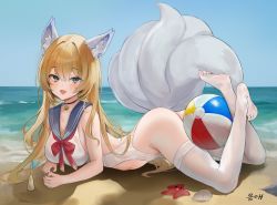 Rule 34 | 1girl, :d, absurdres, animal ears, artist request, ass, ball, bare arms, bare shoulders, beach, beachball, bell, black choker, blonde hair, blue eyes, bow, bowtie, breasts, check artist, choker, clothing cutout, commission, day, eungae, fang, feet, fox ears, fox girl, fox tail, highleg, highleg swimsuit, highres, jingle bell, kitsune, legs up, long hair, looking at viewer, lying, maplestory, medium breasts, multiple tails, navel, no shoes, ocean, on stomach, one-piece swimsuit, open mouth, original, outdoors, sailor collar, second-party source, smile, solo, stomach, stomach cutout, swimsuit, tail, the pose, thighhighs, thighs, very long hair, wet, white one-piece swimsuit, white thighhighs, yukineko1018