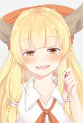 Rule 34 | 1girl, alternate costume, blush, bow, collarbone, condom, hair bow, highres, horns, ibuki suika, long hair, looking at viewer, nishiuri, open mouth, orange hair, pointy ears, red eyes, school uniform, simple background, smile, solo, touhou, upper body, used condom