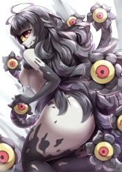 Rule 34 | 1girl, ass, black hair, breasts, colored sclera, colored skin, cyclops, extra eyes, fang, from behind, gazer (monster girl encyclopedia), grin, highres, long hair, looking at viewer, medium breasts, monster girl, monster girl encyclopedia, nude, one-eyed, packge, red eyes, sideboob, slime (substance), smile, solo, tentacles, very long hair, white skin, yellow sclera