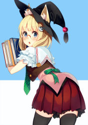 Rule 34 | 1girl, animal ears, black thighhighs, blonde hair, blue eyes, blunt bangs, book, ears through headwear, fox ears, glasses, hair ornament, hat, leaning forward, looking back, necktie, open mouth, parsley-f, pleated skirt, simple background, skirt, solo, thighhighs, witch hat