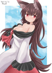 Rule 34 | 1girl, animal ear fluff, animal ears, blue sky, border, breasts, brooch, brown hair, chups, cleavage, closed mouth, cowboy shot, dated, dress, fingernails, highres, imaizumi kagerou, jewelry, large breasts, long fingernails, long hair, long sleeves, looking at viewer, nail polish, red eyes, red nails, signature, sky, solo, standing, sweat, tail, touhou, white border, white dress, wide sleeves, wolf ears, wolf tail