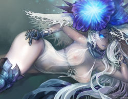 Rule 34 | 10s, 1girl, abyssal ship, artist name, black gloves, black thighhighs, blue eyes, breasts, cleavage, colored skin, covered erect nipples, dated, dress, flower, gloves, glowing, glowing eye, hair over one eye, hat, hat flower, kantai collection, large breasts, long hair, looking at viewer, lying, on side, parted lips, seaport summer princess, smile, solo, sun hat, sxbzero, thighhighs, very long hair, white dress, white hair, white hat, white skin