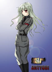 Rule 34 | 10s, 1girl, absurdres, alternate hairstyle, anchovy (girls und panzer), belt, black shirt, blouse, boots, character name, copyright name, crossed arms, dress shirt, english text, engrish text, girls und panzer, green hair, grey jacket, grey pants, highres, jacket, knee boots, lens flare, long hair, long sleeves, looking at viewer, military, military uniform, nanmi (nicoseiga), necktie, pants, pants tucked in, ranguage, red eyes, shirt, simple background, smile, solo, standing, uniform