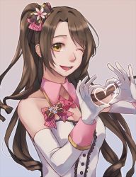 Rule 34 | 1girl, ;d, bow, brown bow, brown hair, elbow gloves, gloves, hair bow, heart, heart hands, idolmaster, idolmaster cinderella girls, long hair, looking at viewer, one eye closed, open mouth, parted bangs, pink bow, ponytail, shimamura uzuki, smile, solo, sonozaki03, striped, striped bow, upper body, white gloves