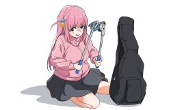 1girl blue_eyes bocchi_the_rock! breasts commentary english_commentary full_body gotoh_hitori grey_skirt guitar_case highres holding holding_pipe_bender instrument_case jacket kneeling long_hair looking_at_viewer one_side_up open_mouth pink_hair pink_jacket pipe_bender sbarky38 simple_background skirt smile solo track_jacket twitter_username watermark white_background