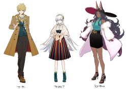 Rule 34 | 1boy, 2girls, anastasia (fate), arthur pendragon (fate), bare shoulders, black pants, blonde hair, blue eyes, boots, coat, commentary, commentary request, curly hair, dark-skinned female, dark skin, dress, ears through headwear, fate/grand order, fate (series), hair over one eye, hairband, hat, high heels, highres, jewelry, long hair, multiple girls, necklace, nozaki tsubata, off shoulder, official alternate costume, pants, queen of hearts (alice in wonderland), sandals, scarf, short hair, simple background, sketch, skirt, smile, striped clothes, striped dress, striped skirt, sunglasses, unworn eyewear, vertical-striped clothes, vertical-striped dress, vertical-striped skirt, very long hair, white background, white hair