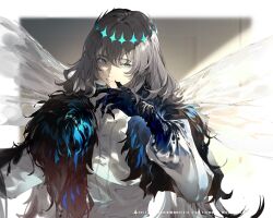 1boy blue_eyes buttons dadijiji diamond_hairband dragonfly_wings dress_shirt fate/grand_order fate_(series) fingernails grey_hair hair_between_eyes highres long_hair long_sleeves male_focus oberon_(fate) oberon_(third_ascension)_(fate) shirt solo upper_body very_long_hair white_shirt