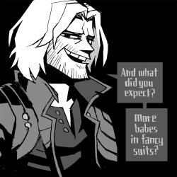 Rule 34 | 1boy, beard, black background, crossover, dante (devil may cry), devil may cry (series), devil may cry 5, english text, facial hair, greyscale, half-closed eyes, helltaker, jacket, male focus, monochrome, parted bangs, shirt, simple background, solo, speech bubble, teeth, upper body, upper teeth only, vanripper