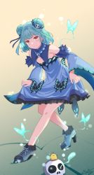 Rule 34 | 1girl, bare shoulders, bug, butterfly, butterfly ornament, curtsey, detached collar, detached sleeves, earrings, flat chest, frilled sleeves, frills, gradient background, gradient hair, green hair, hair ornament, hair ribbon, high heels, highres, hololive, insect, jewelry, matsunorisu, medium hair, multicolored hair, necklace, piyoko (uruha rushia), red eyes, ribbon, shoelaces, skull, skull earrings, skull hair ornament, skull necklace, uruha rushia, uruha rushia (1st costume), virtual youtuber, walking