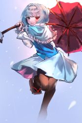 Rule 34 | 1girl, absurdres, blue background, blue capelet, blue eyes, blue hair, blue skirt, blue vest, capelet, commentary, commeowdore, commission, english commentary, heterochromia, highres, holding, holding umbrella, leg up, long sleeves, looking at viewer, oil-paper umbrella, pantyhose, red eyes, red umbrella, short hair, skirt, solo, tatara kogasa, tongue, tongue out, touhou, umbrella, vest, wild and horned hermit