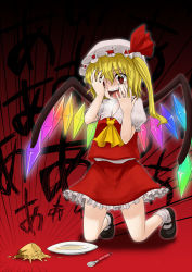 Rule 34 | 1girl, blonde hair, character name, crying, despair, female focus, flandre scarlet, food, full body, hand on own face, hat, hat ribbon, highres, kneeling, mary janes, monrooru, name connection, object namesake, pudding, red background, red eyes, ribbon, shoes, short hair, side ponytail, simple background, skirt, skirt set, solo, spoon, tears, touhou, wings