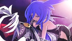 Rule 34 | 1boy, 1girl, absurdres, blue hair, breasts, cleavage, game cg, highres, levia, long hair, lying, makai shin trillion, nanameda kei, official art, on bed, on stomach, pout, purple eyes, zeabolos