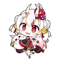 Rule 34 | 1girl, :3, :d, bare shoulders, bell, black kimono, chibi, double bun, fang, frilled sleeves, frills, full body, gradient hair, hair bell, hair bun, hair ornament, holding, hololive, horns, japanese clothes, jingle bell, kimono, long hair, long sleeves, looking at viewer, mask, mask on head, multicolored hair, muuran, nakiri ayame, nakiri ayame (1st costume), off shoulder, oni, oni mask, open mouth, pink hair, red eyes, red hair, red kimono, simple background, skin-covered horns, sleeves past fingers, sleeves past wrists, smile, standing, standing on one leg, streaked hair, thighhighs, twitter username, very long hair, virtual youtuber, white background, white hair, white thighhighs