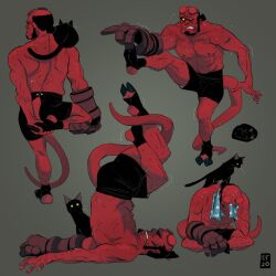 Rule 34 | animal, animal on back, animal on shoulder, black cat, black hair, broken horn, cat, colored sclera, colored skin, dana terrace, demon boy, demon tail, facial hair, goatee, grey background, hairy, hellboy, hellboy (comic), highres, hooves, horns, long sideburns, male focus, mature male, muscular, muscular male, red skin, scar, short hair, sideburns, solid eyes, stretching, sweatdrop, tail, towel, towel around neck, yellow sclera