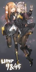 Rule 34 | 2girls, armband, black pantyhose, boots, brown hair, character name, cross-laced footwear, eyelashes, fpanda, girls&#039; frontline, grey hair, hair between eyes, heart, highres, lace-up boots, looking at viewer, miniskirt, multiple girls, pantyhose, scar, scar across eye, scar on face, siblings, side ponytail, sisters, skirt, standing, standing on one leg, thigh strap, twins, twintails, ump45 (girls&#039; frontline), ump9 (girls&#039; frontline), v, yellow eyes