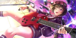 Rule 34 | 1girl, ;d, aldehyde, bang dream!, black hair, black jacket, black shorts, black socks, collared shirt, dutch angle, electric guitar, guitar, highres, holding, holding instrument, instrument, jacket, kneehighs, long sleeves, looking at viewer, microphone, microphone stand, mitake ran, multicolored hair, necktie, one eye closed, open mouth, plectrum, purple eyes, red hair, red headwear, red necktie, shirt, short hair, short shorts, shorts, smile, socks, solo, stage lights, strap, streaked hair, thighs, v-shaped eyebrows, white shirt, wing collar, wristband