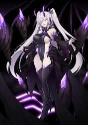 Rule 34 | 1girl, absurdres, bare shoulders, black background, black leotard, black sleeves, black thighhighs, blue oath, breasts, covered erect nipples, covered navel, demon horns, detached sleeves, gem, glowing, hair over one eye, high heels, highres, horns, large breasts, leotard, long hair, long sleeves, looking at viewer, nail polish, original, pale skin, purple eyes, purple nails, revealing clothes, rock, sideboob, sideless outfit, smile, solo, standing, thighhighs, two side up, very long hair, white hair, wide sleeves, yukizuki chikuba