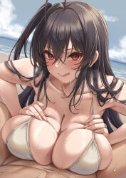 Rule 34 | 1boy, 1girl, :q, absurdres, azur lane, bikini, black hair, blush, breast suppress, breasts, cleavage, closed mouth, collarbone, commentary request, grabbing own breast, hetero, highres, large breasts, long hair, looking at viewer, momo no sukebe, official alternate costume, paizuri, solo focus, swimsuit, taihou (azur lane), taihou (seaside daydreams) (azur lane), tongue, tongue out, water, white bikini