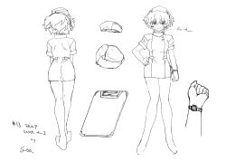 Rule 34 | 00s, 1girl, absurdres, adjusting clothes, ass, breasts, character sheet, hairband, hara shouji, highres, looking at viewer, medium breasts, midriff, monochrome, necktie, nurse, official art, ryuusei sentai musumet, saotome marcia, scan, short hair, smile, solo, standing, translation request