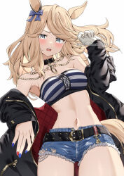 Rule 34 | 1girl, absurdres, bandeau, bare shoulders, belt, black belt, black choker, black jacket, blonde hair, blue bow, blue nails, bow, breasts, choker, cleavage, commentary request, cowboy shot, cutoffs, denim, denim shorts, gold city (umamusume), grey eyes, hair bow, head tilt, highres, jacket, long hair, long sleeves, looking at viewer, midriff, nail polish, navel, off shoulder, open clothes, open jacket, open mouth, red nails, short shorts, shorts, simple background, small breasts, solo, standing, stomach, strapless, striped bandeau, tail, thighs, tube top, umamusume, white background, yamano rokamizu