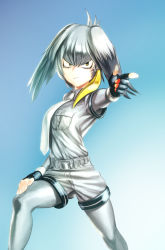 Rule 34 | 1girl, :/, belt, black gloves, black hair, blonde hair, bodystocking, breast pocket, closed mouth, collared shirt, feet out of frame, fingerless gloves, gloves, grey hair, grey shirt, grey shorts, hair between eyes, hand on own thigh, highres, kemono friends, layered sleeves, long hair, long sleeves, looking at viewer, low ponytail, multicolored hair, necktie, no tail, non (nonbiriya mini), outstretched arm, pocket, pointing, pointing at viewer, shirt, shoebill (kemono friends), short over long sleeves, short sleeves, shorts, side ponytail, solo, standing, twisted torso, white necktie, wing collar, yellow eyes