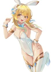 Rule 34 | 1girl, :d, alternate costume, animal ears, armlet, bare shoulders, blonde hair, blue bow, blue bowtie, blue footwear, bow, bowtie, breasts, cleavage, detached collar, fake animal ears, flower, genshin impact, hair flower, hair ornament, hand on own hip, hand up, leotard, looking at viewer, lumine (genshin impact), medium breasts, minertime, open mouth, playboy bunny, rabbit ears, short hair with long locks, smile, solo, standing, standing on one leg, strapless, strapless leotard, teeth, thighhighs, upper teeth only, white flower, white leotard, white thighhighs, white wrist cuffs, wrist cuffs, yellow eyes