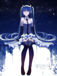 Rule 34 | 1girl, aiko (kanl), bad id, bad pixiv id, blue eyes, blue hair, character name, collar, copyright name, dress, hatsune miku, headset, highres, long hair, matching hair/eyes, necktie, sitting, sky, solo, star (sky), starry sky, thighhighs, twintails, very long hair, vocaloid