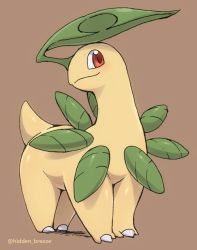 Rule 34 | bayleef, blush, brown background, claws, closed mouth, commentary request, creatures (company), full body, game freak, gen 2 pokemon, kajinchu, nintendo, no humans, orange eyes, pokemon, pokemon (creature), simple background, smile, solo, standing, twitter username