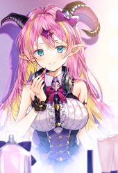 Rule 34 | 1girl, absurdres, aqua eyes, asymmetrical horns, bare shoulders, blonde hair, blush, bow, breasts, demon horns, hair between eyes, hair ornament, headphones, headphones around neck, highres, holding, hololive, horns, long hair, looking at viewer, mano aloe, multicolored hair, myusha, nail polish, parted lips, pink hair, pointy ears, sleeveless, smile, solo, two-tone hair, uneven horns, virtual youtuber