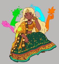 Rule 34 | absurdres, adapted costume, alternate skin color, blonde hair, bracelet, brown eyes, closed mouth, commentary, earrings, english commentary, full body, green skirt, grey background, highres, indian clothes, jewelry, long hair, matara okina, mercuriika, sile, simple background, skirt, smug, touhou