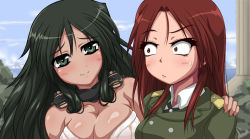 Rule 34 | 2girls, black hair, blush, breasts, brown eyes, brown hair, cleavage, commentary, fang, francesca lucchini, green eyes, hand on shoulder, long hair, military, military uniform, minna-dietlinde wilcke, monizumi ishikawa, multiple girls, aged up, saitou chiwa, voice actor connection, strike witches, surprised, sweatdrop, uniform, world witches series
