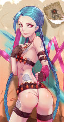 Rule 34 | 1girl, absurdres, adapted costume, ass, asymmetrical legwear, bad id, bad pixiv id, blue hair, braid, breasts, butt crack, cloud, fingerless gloves, from behind, gloves, hand on own chest, heihei de hei yan long, highleg, highleg panties, highres, jinx (league of legends), league of legends, long hair, looking at viewer, mismatched legwear, naughty face, panties, panty lift, panty pull, parted lips, pink eyes, single thighhigh, small breasts, smile, smirk, solo, tattoo, thighhighs, thong, twin braids, underwear, very long hair, wedgie