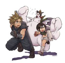 Rule 34 | 1boy, 1girl, als8za, armor, baggy pants, black hair, blonde hair, blue pants, blue shirt, breasts, brown footwear, brown gloves, buster sword, cait sith (ff7), cape, cat, clenched hand, cloud strife, crop top, crown, fangs, fangs out, final fantasy, final fantasy vii, fingerless gloves, full body, gloves, green shirt, grey shorts, headband, leg warmers, looking back, midriff, mini crown, moogle, open mouth, orange footwear, pants, parted bangs, red cape, running, shirt, shoes, short hair, short shorts, shorts, shoulder armor, single sleeve, sleeveless, sleeveless turtleneck, small breasts, sneakers, spiked hair, sweatdrop, turtleneck, twitter username, two-tone fur, weapon, weapon on back, white background, white gloves, wide-eyed, yuffie kisaragi