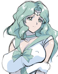 Rule 34 | 1girl, bishoujo senshi sailor moon, blush, breasts, choker, cleavage, closed mouth, collarbone, covered erect nipples, female focus, gloves, green choker, green eyes, green hair, large breasts, long hair, magical girl, sailor neptune, sakura na omiki, shiny skin, simple background, sketch, smile, solo, tiara, upper body, white background, white gloves