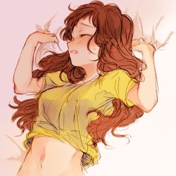 Rule 34 | 1girl, animification, blush, brown hair, closed eyes, clothes lift, genderswap, genderswap (mtf), long hair, midriff, morticia smith, morty smith, navel, rick and morty, sexually suggestive, shirt, solo, yellow shirt