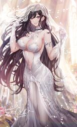 Rule 34 | 1girl, armlet, black hair, breasts, bridal veil, cleavage, commentary request, commission, detached collar, dress, earrings, elbow gloves, gloves, grey eyes, hands up, highres, jewelry, large breasts, long dress, long hair, looking at viewer, navel, original, pantyhose, parted lips, simple background, skeb commission, smile, solo, thank you, veil, wedding dress, white dress, white gloves, white pantyhose, yuli (yulipo)