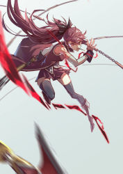 Rule 34 | 10s, 1girl, chain, die (die0118), fighting stance, food, food in mouth, full body, highres, magical girl, mahou shoujo madoka magica, mahou shoujo madoka magica (anime), pocky, polearm, ponytail, red eyes, red hair, sakura kyoko, solo, spear, weapon