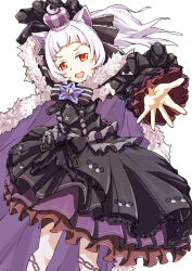 Rule 34 | 1girl, absurdres, animal ears, arched bangs, black dress, black ribbon, black sleeves, blonde hair, cat ears, detached sleeves, dress, frilled dress, frilled ribbon, frilled sleeves, frills, fur-trimmed dress, fur trim, gothic lolita, grey hair, hair ribbon, highres, hololive, lolita fashion, long hair, looking at viewer, murasaki shion, murasaki shion (gothic lolita), official alternate costume, outstretched hand, ribbon, short eyebrows, sidelocks, smile, solo, taka no oo, teeth, upper teeth only, virtual youtuber, white background