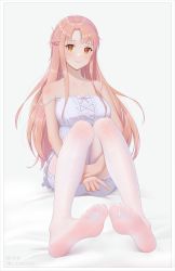 Rule 34 | 1girl, absurdres, artist name, asuna (sao), bare shoulders, bed sheet, blush, border, braid, breasts, brown eyes, brown hair, closed mouth, commentary request, feet, full body, highres, hugging own legs, knees up, large breasts, long hair, looking at viewer, no shoes, pajamas, pantyhose, qizhu, shirt, sitting, smile, soles, solo, spaghetti strap, strap slip, sword art online, very long hair, white background, white pantyhose, white shirt