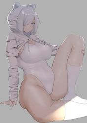 Rule 34 | 1girl, animal hood, breasts, cleavage, commentary, grey background, grey eyes, hair over one eye, highres, hood, large breasts, leg up, leotard, long sleeves, looking at viewer, original, remomon0, shadow, short hair, shoutao, silver hair, simple background, sitting, socks, solo, sunlight, thick thighs, thighs, tiger hood, white leotard, white socks