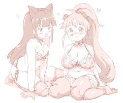 Rule 34 | 2girls, animal ears, blush, bra, breasts, cat ears, cleavage, dog ears, heart, large breasts, long hair, monochrome, multiple girls, ponytail, randou, sidelocks, simple background, sitting, small breasts, smile, taneshima popura, thighhighs, underwear, underwear only, wariza, white background, working!!, yamada aoi