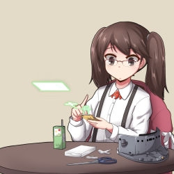 Rule 34 | 10s, 1girl, bespectacled, blouse, brown eyes, brown hair, chair, commentary request, glasses, jacket, unworn jacket, kantai collection, long hair, looking down, open mouth, ryuujou (kancolle), scissors, shikigami, shirt, simple background, sitting, solo, suspenders, table, twintails, visor cap, white shirt, yukimi unagi