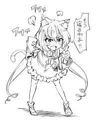 Rule 34 | 1girl, angry, animal ear fluff, animal ears, bob (you-u-kai), cat ears, cat tail, fang, greyscale, hand on own hip, karyl (princess connect!), long hair, monochrome, pointing, princess connect!, skin fang, solo, tail, thighhighs, translated, twintails, very long hair, white background