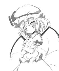 Rule 34 | 1girl, crossed arms, female focus, greyscale, hat, highres, miko machi, monochrome, remilia scarlet, ribbon, simple background, sketch, solo, touhou, wings