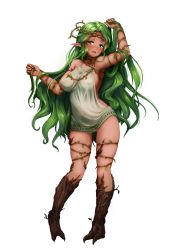 Rule 34 | 1girl, :d, arm up, armpits, backless dress, backless outfit, barbariank, bare shoulders, blush, breasts, commentary, covered erect nipples, dark-skinned female, dark skin, dress, dryad, dryad (monster girl encyclopedia), english commentary, full body, gluteal fold, green eyes, green hair, halterneck, hands in hair, highres, large breasts, long hair, looking at viewer, monster girl, monster girl encyclopedia, open mouth, plant, plant girl, pointy ears, short dress, sideboob, sleeveless, smile, solo, standing, transparent background, tree, very long hair, vines, wavy hair, white dress