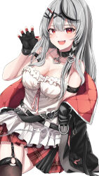 Rule 34 | 1girl, absurdres, bare shoulders, black collar, black gloves, black hair, blush, breasts, camisole, cleavage, collar, fang, fingerless gloves, frilled camisole, frills, garter straps, gloves, grey hair, hair ornament, heart collar, heart pendant, highres, hololive, large breasts, looking at viewer, medium hair, morupeusu, multicolored hair, nail polish, o-ring, o-ring legwear, off-shoulder jacket, off shoulder, open mouth, plaid, plaid skirt, red eyes, red nails, sakamata chloe, sakamata chloe (1st costume), skirt, solo, streaked hair, thighhighs, thighs, virtual youtuber, white camisole, x hair ornament