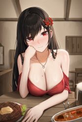 Rule 34 | 1girl, absurdres, arm support, bare shoulders, beer mug, black hair, blush, breast rest, breasts, cleavage, collarbone, commentary, cryturtle, cup, dress, english commentary, flower, food, hair between eyes, hair flower, hair ornament, head rest, head tilt, highres, indoors, jewelry, large breasts, leaning forward, long hair, looking at viewer, mole, mole on breast, mug, necklace, off-shoulder dress, off shoulder, original, red dress, red eyes, red flower, sitting, smile, spoon, table